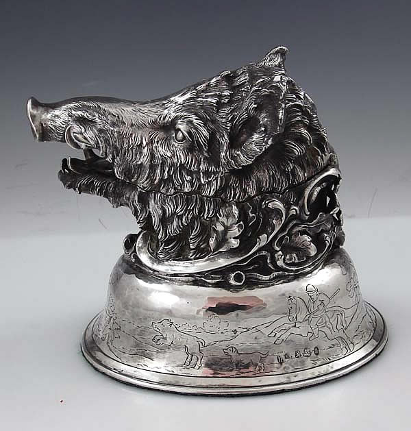German sterling silver wild board inkwell by Berthold Meuller with English import marks