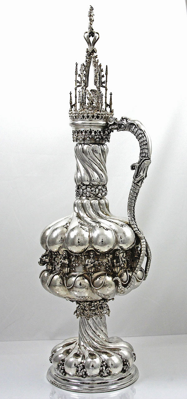 important Neresheimer of Hanau sterling silver antique stein with cast applied musicians and dragon handle