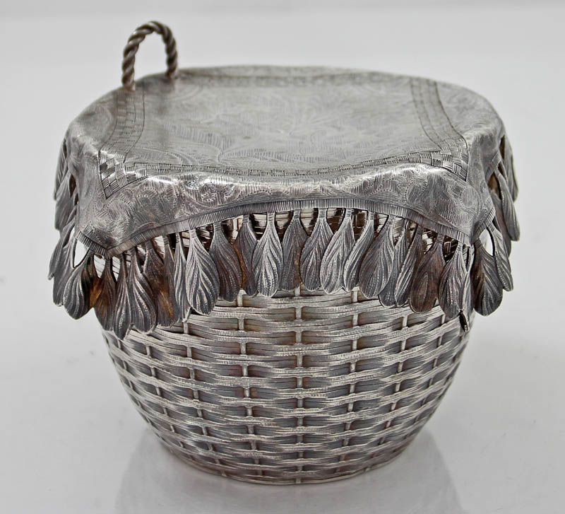 Rare and important Gorham cracker jar with ttrompe l'Oeil napkin lid and basket weave