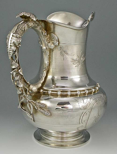 gorham coin silver engraved pitcher with ornate handle