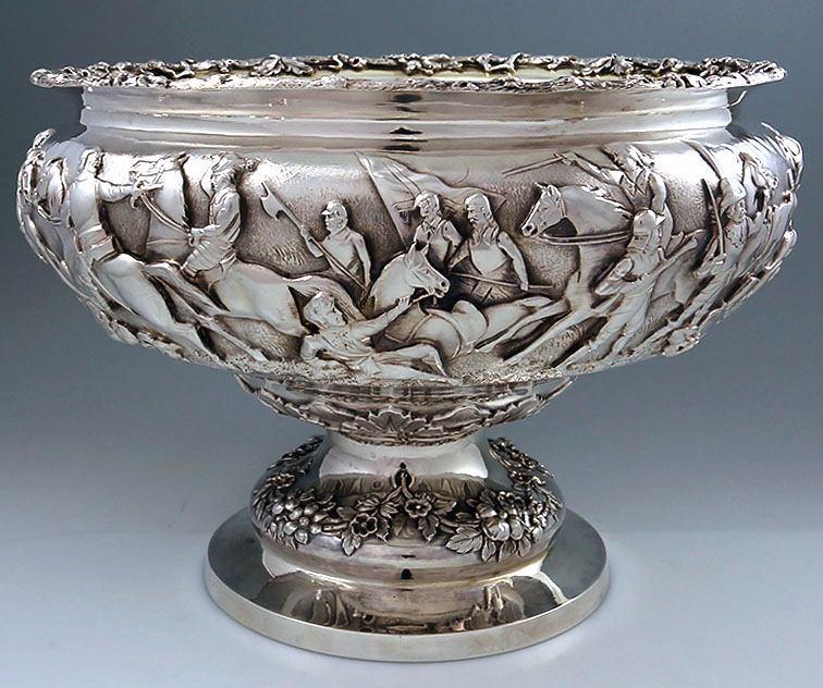 Pair English silver punch bowls by James Barclay Hennell figural battle scenes
