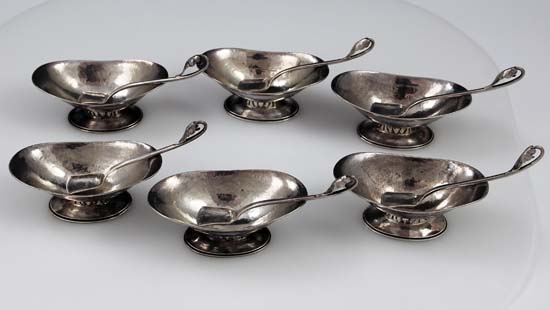 Peer Smed sterling silver set six open salts with matching spoons
