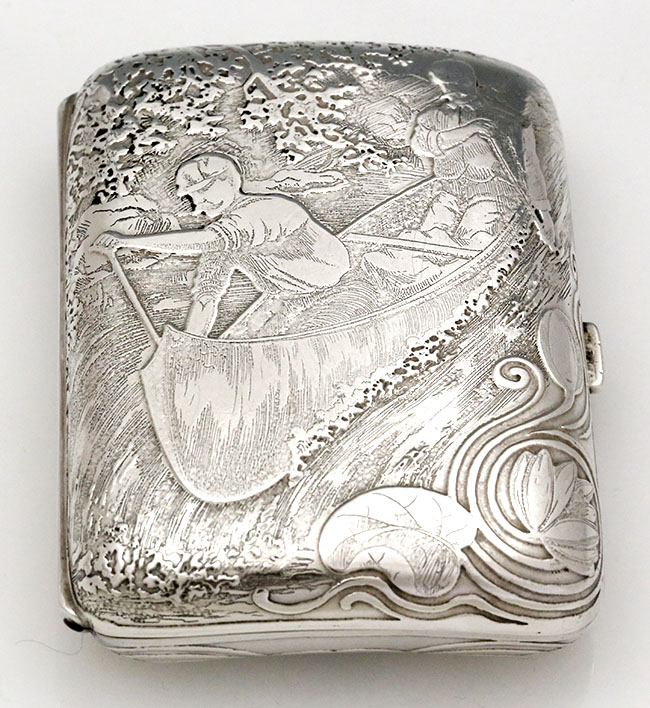 Tiffany acid etched cigarette case with two men rowing a canoe and lily pads