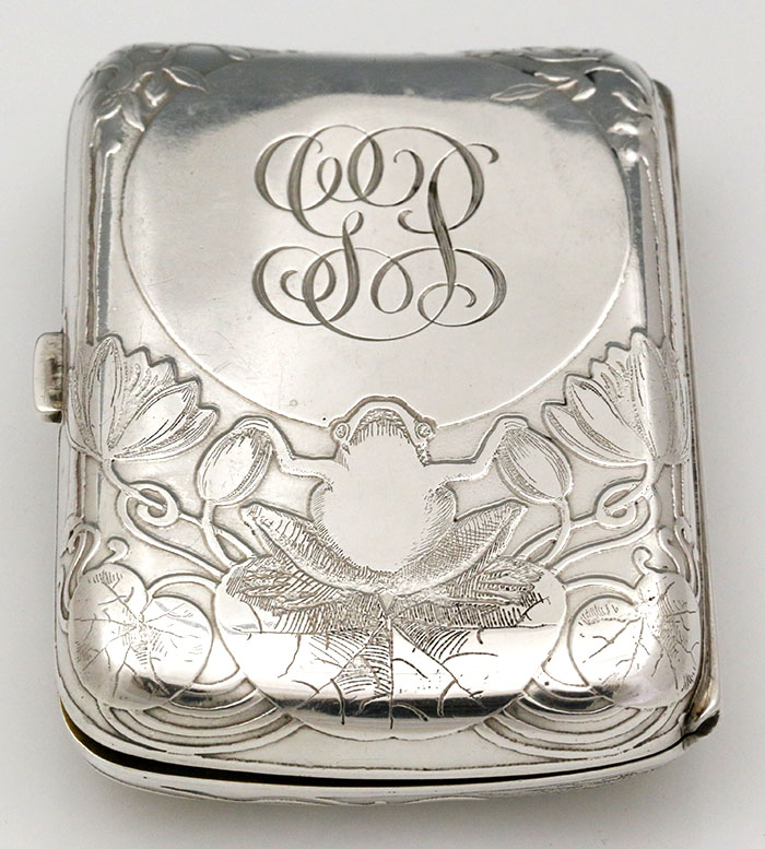 reverse of Tiffany & Co antique sterling silver cigarette case monogram and frog