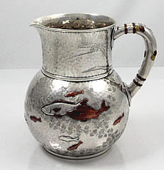 tiffany mixed metals pitcher with applied fish