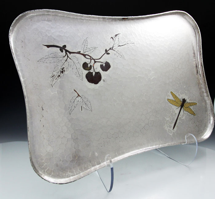 Large sterling and mixed metal tray by Tififany hand hammered with dragonfly