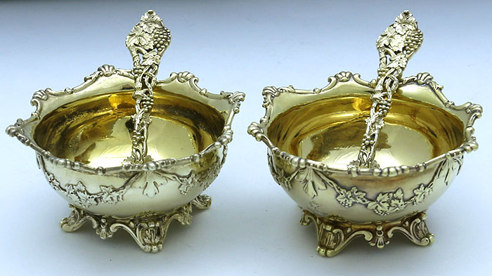 English silver gilt salts with spoons chased vine pattern Hunt & Roskel