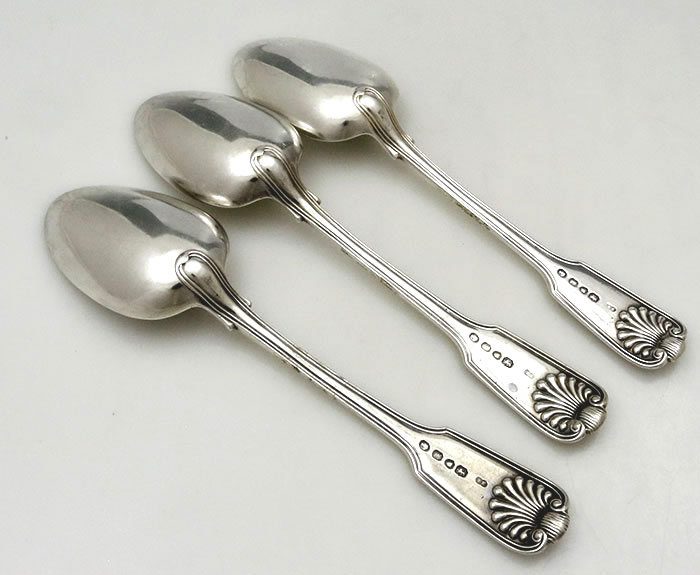 reverse of three English silver antique tablespoons Fiddle shell and thread London 1846 Elizabeth Eatoin