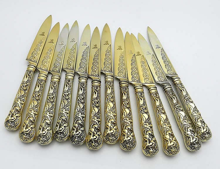 English antique silver Bacchanalian pointed fruit knives crested