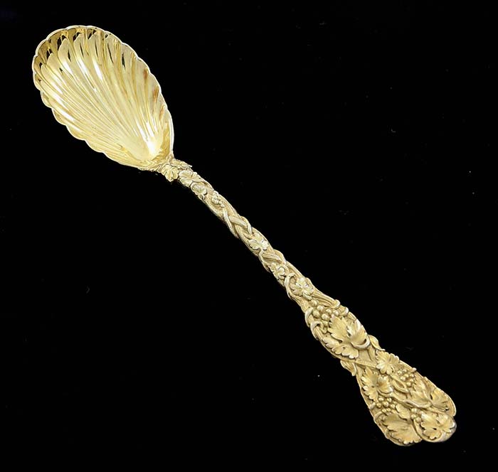 nglish silver gilt serving spoon in the chased vine pattern
