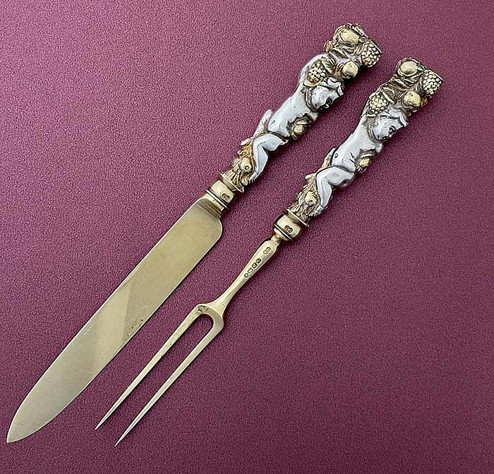 English antique silver fruit knife and fork