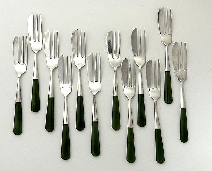 English sterling and jade handle pastry forks