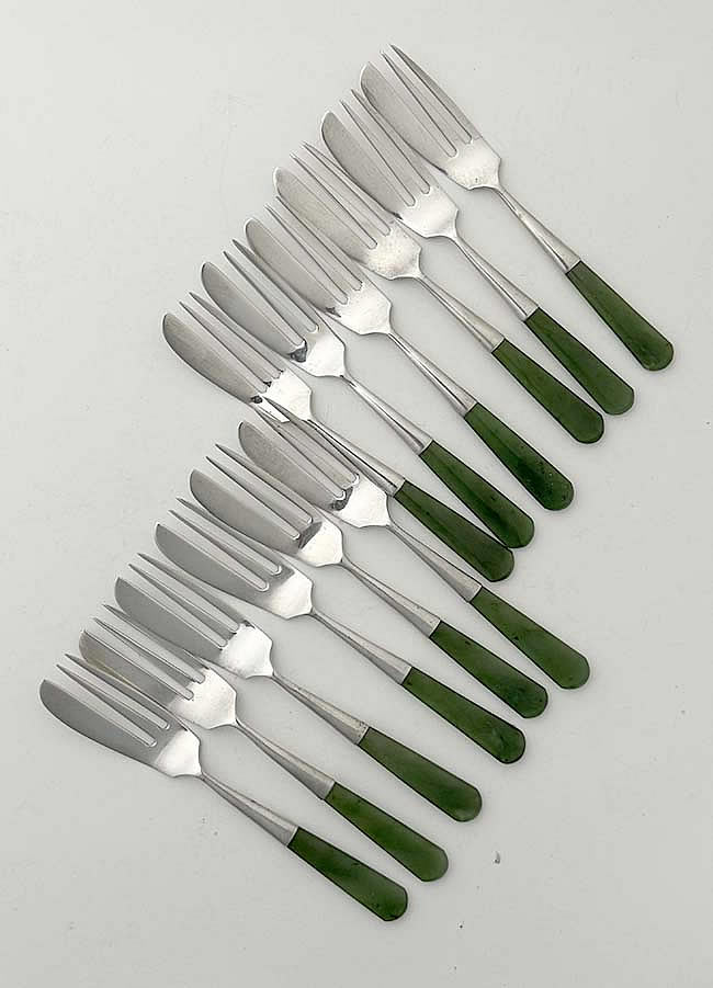 English antique silver and jade pastry forks