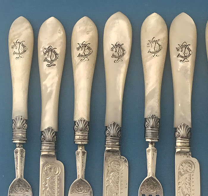 William Hutton mother of pearl fruit set sterling engraved blades London 1896