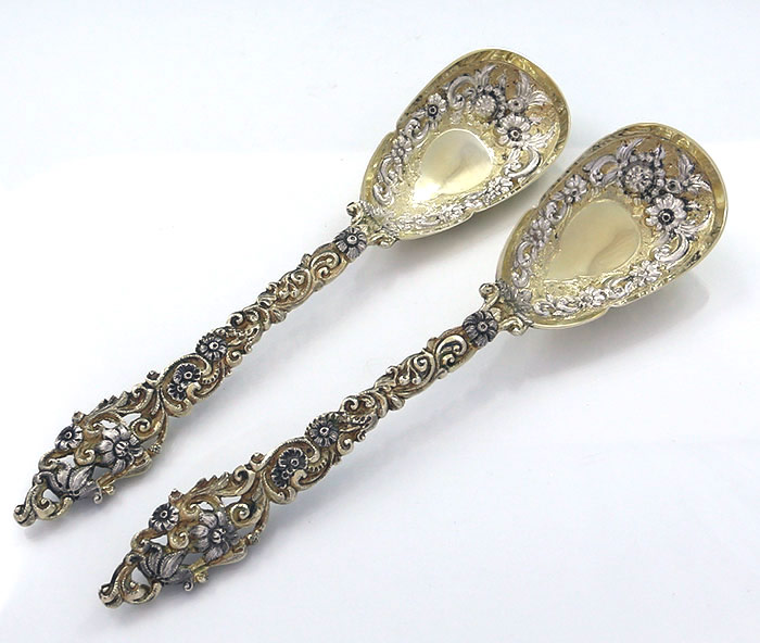 Pair English silver and silver gilt berry spoons