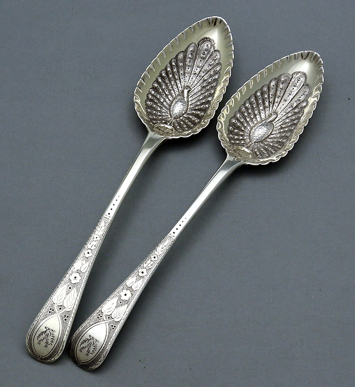 English silver pair serving spoons London 1802 with peacocks