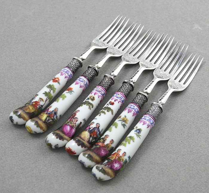 English sterling knives and forks with porcelain handles figural and floral