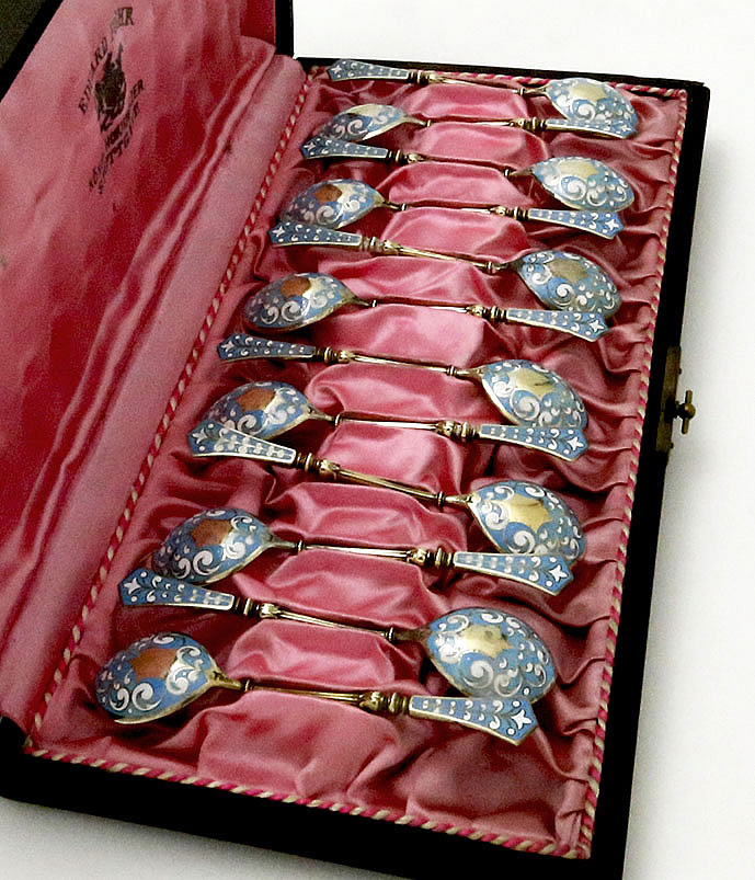 Germany silver and enamel spoons in box