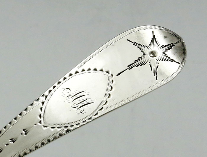 engraved handle of Irish stuffing spoon with divider Dublin 1804