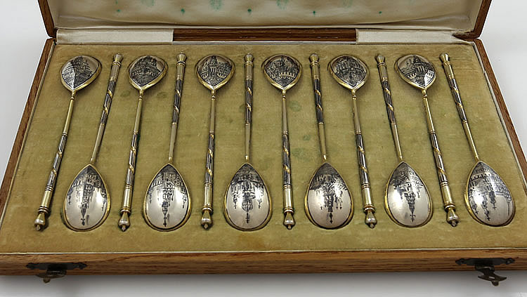twelve Russian silver niello spoons in the original fitted oak box