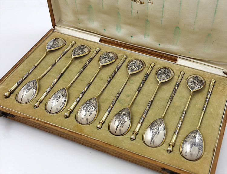twelve Russian silver niello spoons in the original fitted oak box