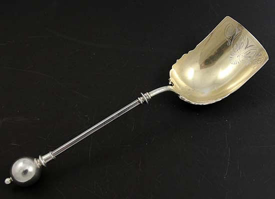 George Sharp antique sterling fruit scoop with ball terminal
