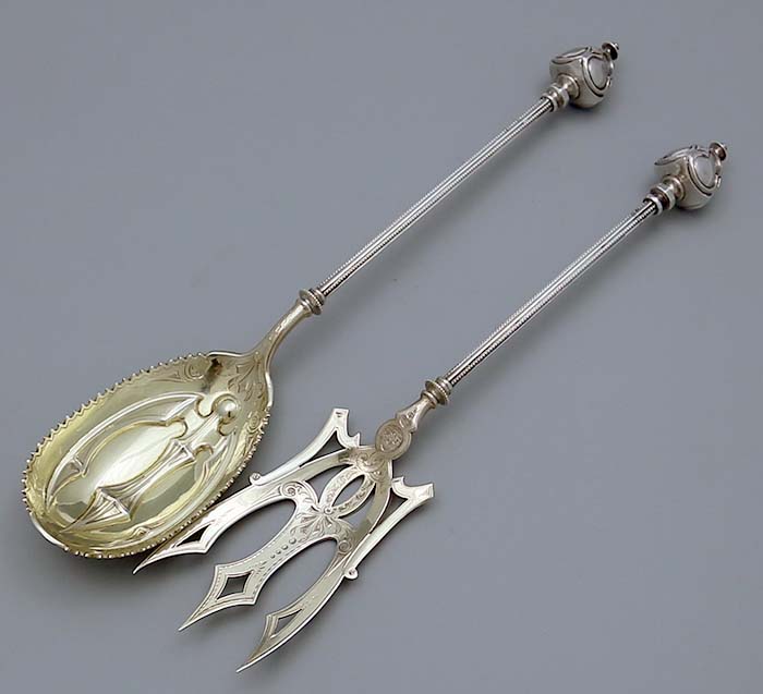 George Sharp Gothic Dome antique silver long handle salad servers