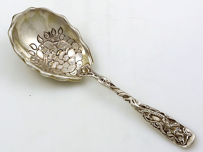 Gorham Hizen antique sterling silver serving spoon with face in bowl