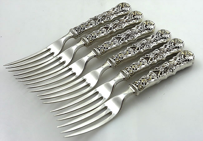 Gorham Hizen antique sterling game forks with all silver sterling tines and hollow black handles