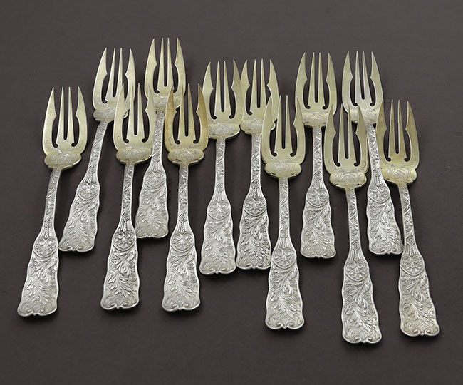 set of 12 Gorham St Cloud fish forks with gold washed tines