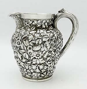 Krider antique sterling silver pitcher repousse floral chasing