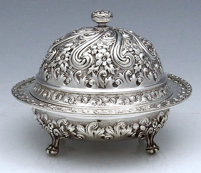 Bigelow Kennard sterling antique repousse butter dish with liner
