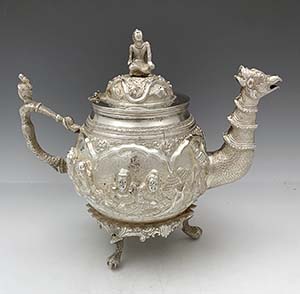 Burmese antique silver teapot figural detail