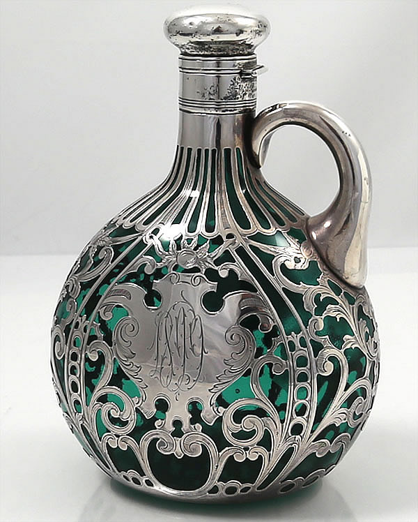 Gorham green glass and silver overlay whiskey carafe circa 1899