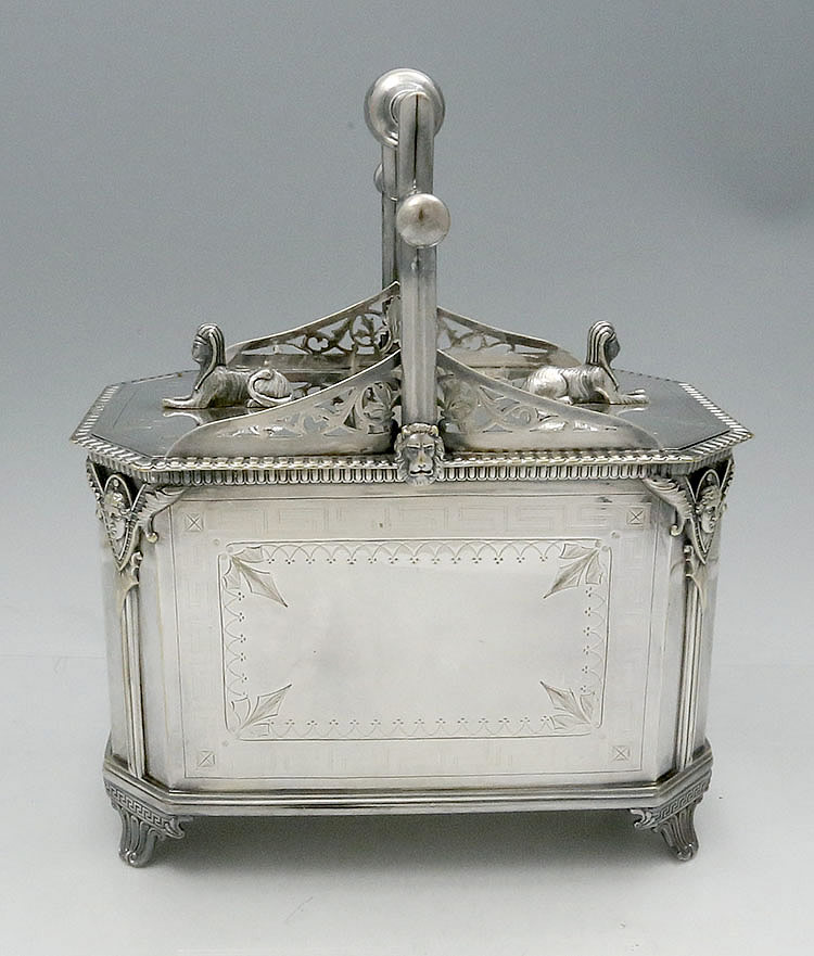 English silver plate biscuit box Egyptian style