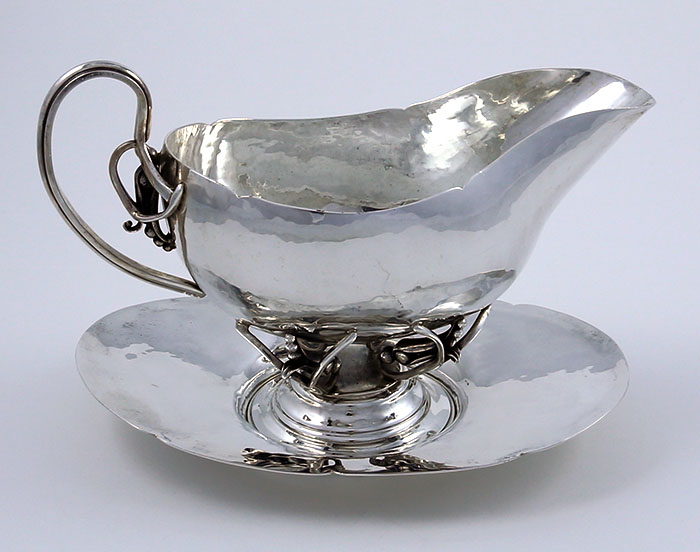 antique sterling hand hammered de mateo sauceboat with oval tray