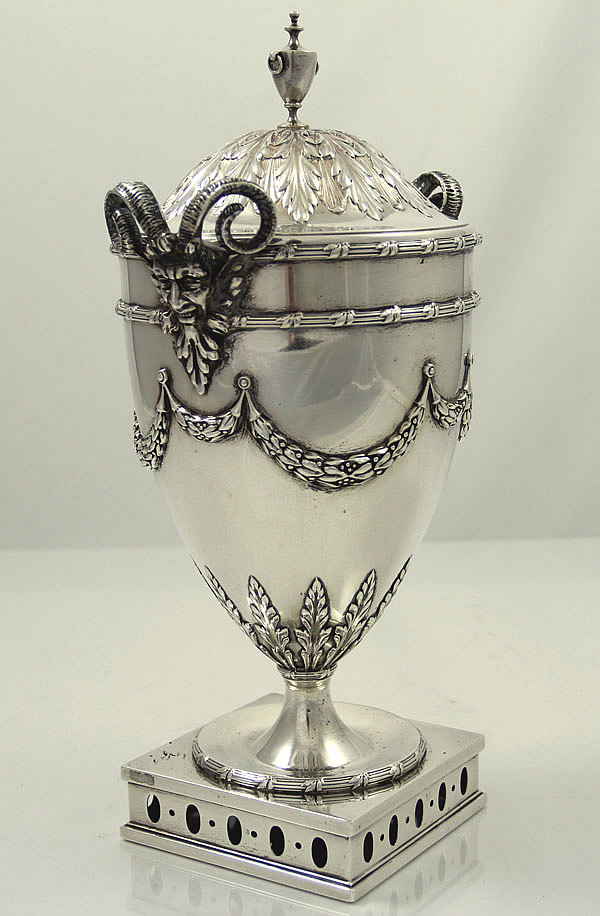 antique Durgin sterling chestnut urn with rams horns and faces swags and garlands