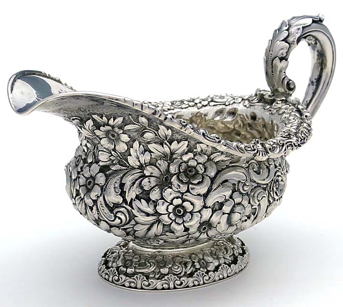 Dominick & Haff antique sterling repousse gravy boat with engraved crest