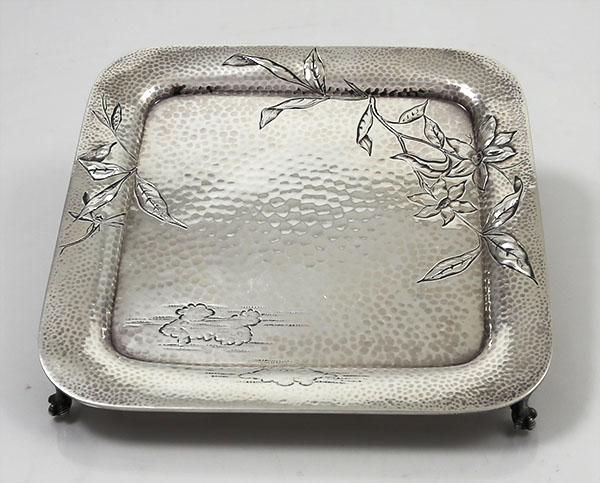 Dominick & Haff hammered sterling engraved footed salver
