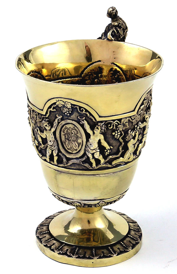 English silver gilt figural cup with putti