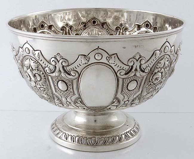 English antique sterling silver fruit bowl hand chased