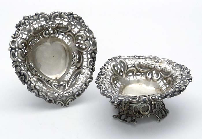 Pair English silver heart shaped pierced bowls 