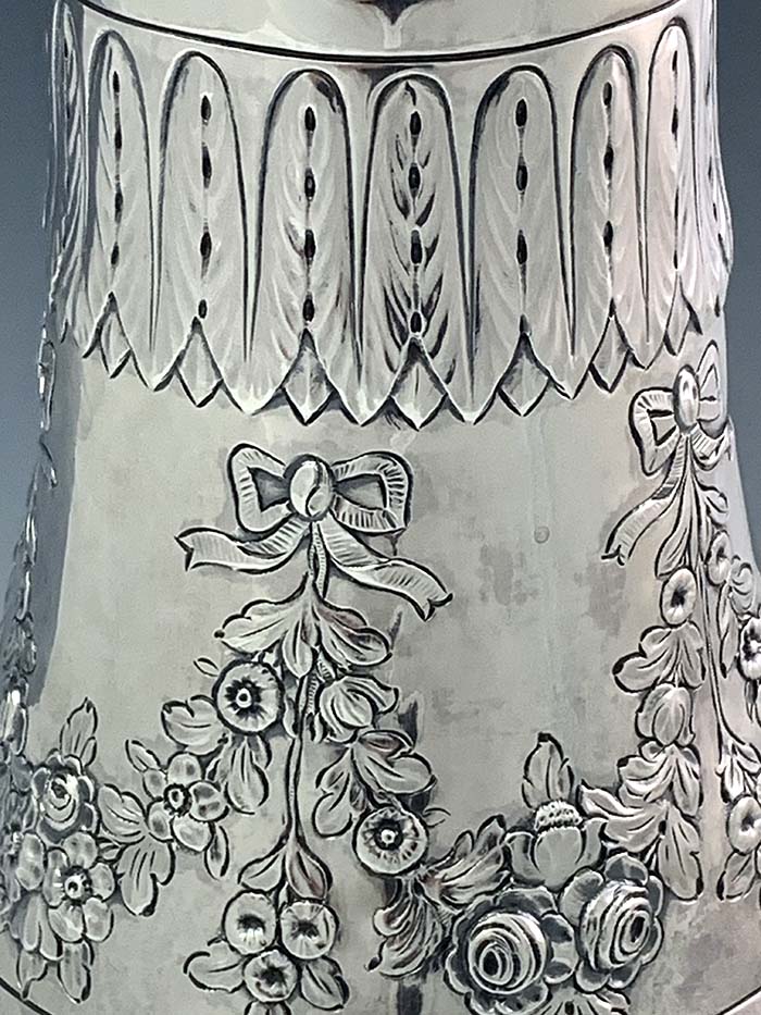 details of chasing on large English antique silver vase Charles Stuart Harris