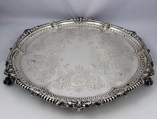 Large English sterling silver footed salver never monogrammed and hand engraved