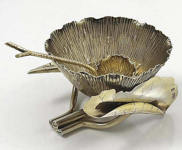 English silver leaf form sugar bowl with sifter spoon
