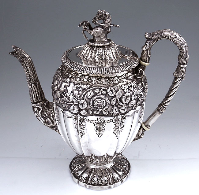 John Edward Terrey antique silver teapot with horse head finial and mermaid and thistle chased detail
