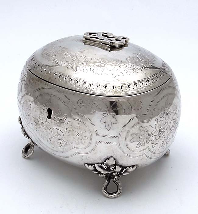 Austrian antique silver sugar etrog box with swing handle