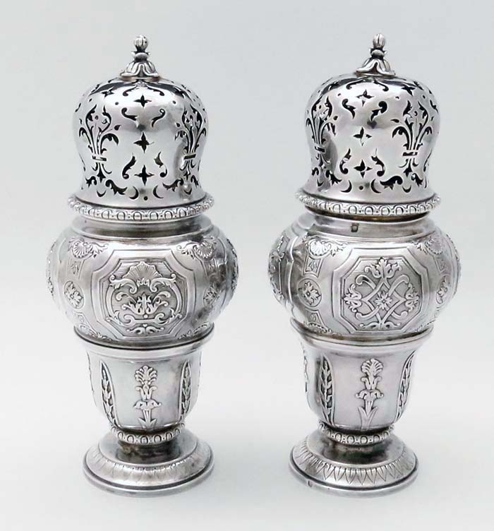 pair of French antique silver first purity muffineers