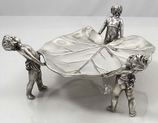 German 800 silver leaf tray supported by three figural  putti