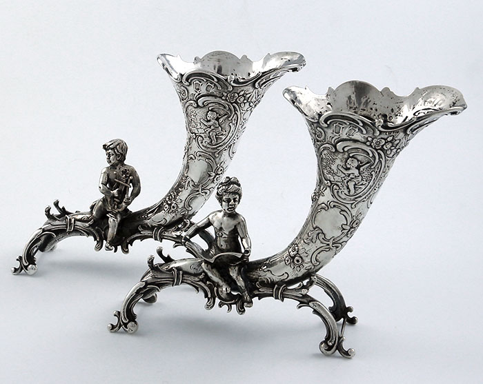 German 800 silver pair of cornucopia vases with cherubs